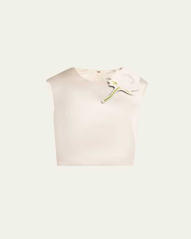 Floral Brooch Cropped Silk Shell Top